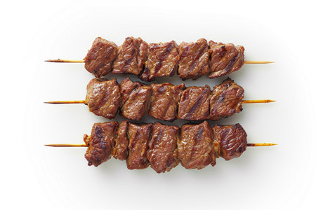 Grilled Beef Skewers isolated on transparent or white background, pngの素材