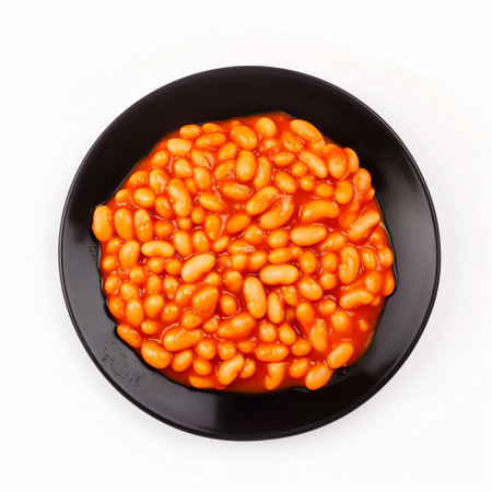 Black plate of baked beans in tomato sauce isolated on transparent or white background, pngの素材
