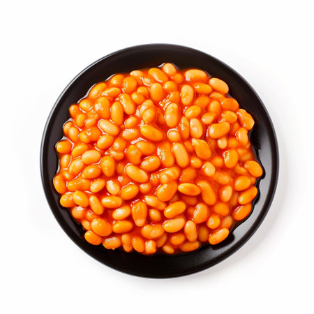 Black plate of baked beans in tomato sauce isolated on transparent or white background, pngの素材