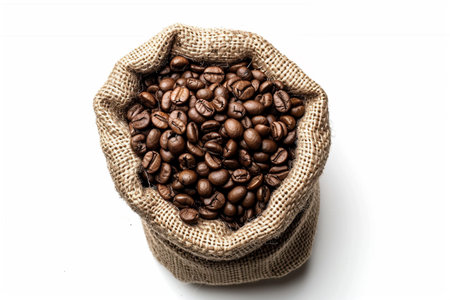 A burlap sack filled with coffee beans isolated on transparent or white background, pngの素材