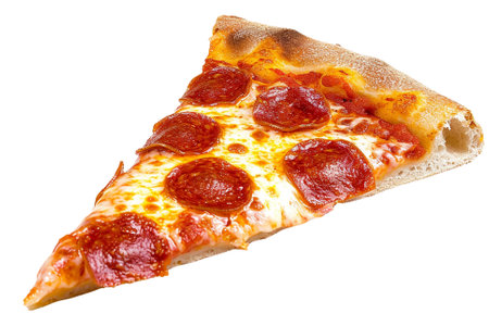 A single slice of pepperoni pizza with melted cheese and pepperoni on top isolated on transparent or white background, pngの素材