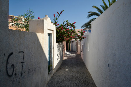 Typical street in Fira town, Santorini island, Greeceの写真素材