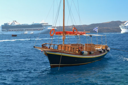 Fishing boat in the Aegean Sea, Cyclades, Greeceの写真素材
