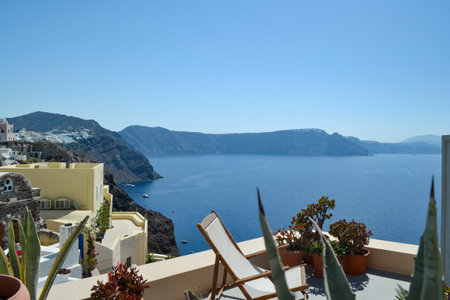 View of the caldera from the terrace of the house on Santorini island, Greeceの写真素材