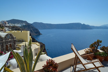 Beautiful view of Santorini island from terrace, Greeceの写真素材