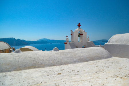 White church in Oia village on Santorini island, Greeceの写真素材