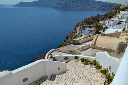 White architecture on Santorini island, Greece. Beautiful landscape with sea viewの写真素材