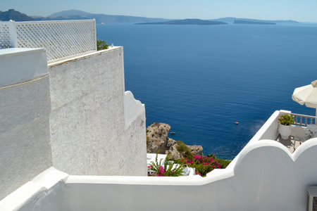 White architecture on Santorini island, Greece. Beautiful landscape with sea viewの写真素材