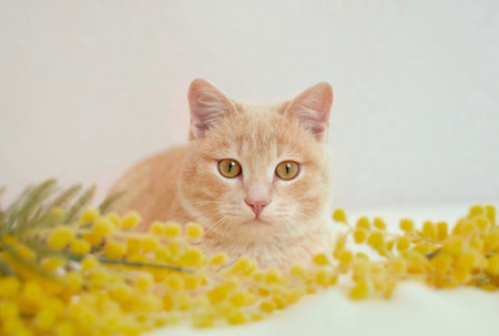 Portrait of charming red cat in yellow flowers. Cozy spring morning at home. Cat surrounded by flowers on sunny spring day. selective focus.の写真素材