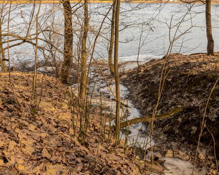 river Bank with ice family fishing