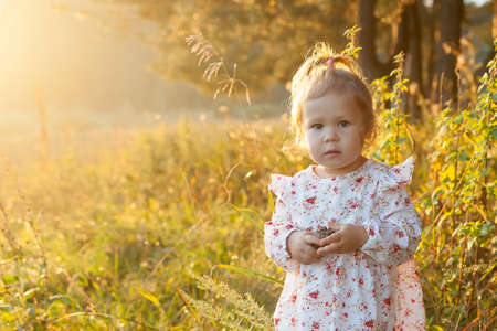 Pretty little girl relax on beauty autumn landscape backgroundの写真素材