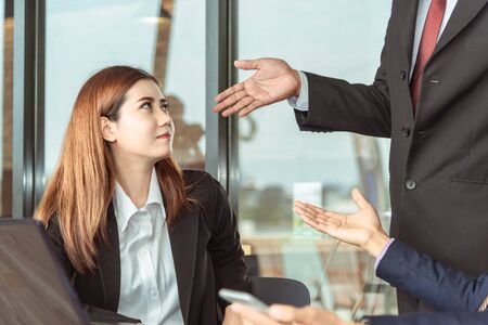 Portrait of business woman .Start up business people in modern office, working together having success. Multiethnic start-up business team on meeting in modern bright office interior brainstormingの写真素材