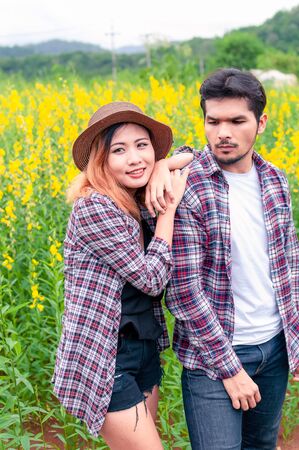 Young Happiness couple love have romantic date in the nature.Travel in love lifestyle concept.の写真素材