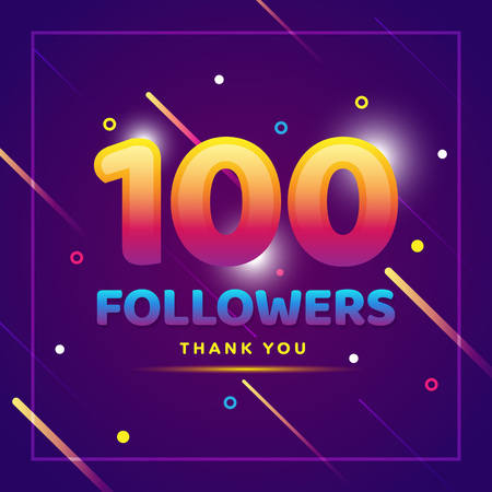 100 followers thank you colorful background and glitters. Illustration for Social Network friends, followers, Web user Thank you celebrate of subscribers or followers and likesのイラスト素材