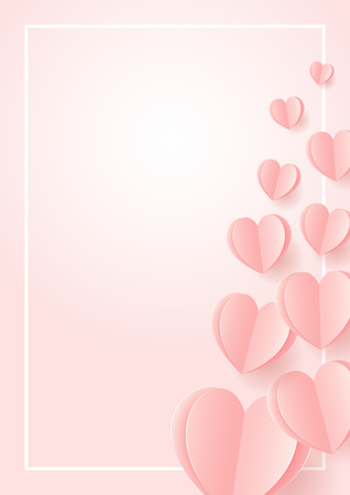 Happy Wedding postcard with love symbol paper art flying elements on white pink background. women's, birthday, mother's day, anniversary greeting card design. Eps10 vector illustrationのイラスト素材