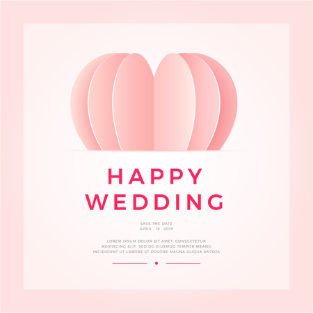 Happy Wedding postcard with love symbol paper art flying elements on white pink background. women's, birthday, mother's day, anniversary greeting card design. Eps10 vector illustrationのイラスト素材