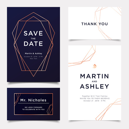 Wedding Invitation, art deco style invite thank you, rsvp modern card Design with navy blue and white gold geometrical polyhedron decorative Vector illustration luxury elegant templateのイラスト素材