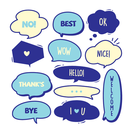 Various Cute speech bubble doodle stickers set with some blue colors - stock vectorのイラスト素材