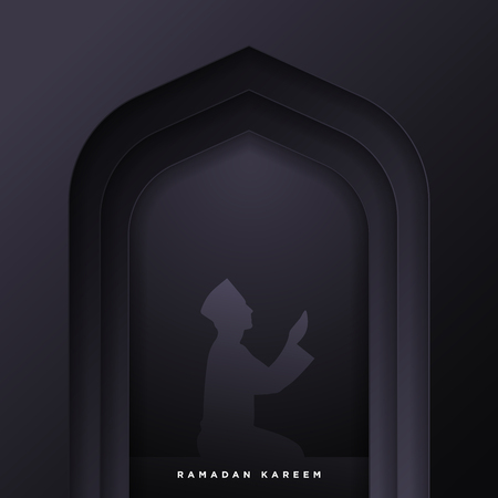 Islamic mosque door for ramadan kareem vector greeting banner background with art paper cut style, man prayer scenery. Creative design card, poster. Traditional Islamic holidayのイラスト素材