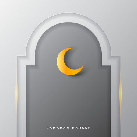 Islamic mosque door for ramadan kareem vector greeting banner background with art paper cut style, shiny moon and Arabic calligraphic text. Creative design card, poster. Traditional Islamic holidayのイラスト素材