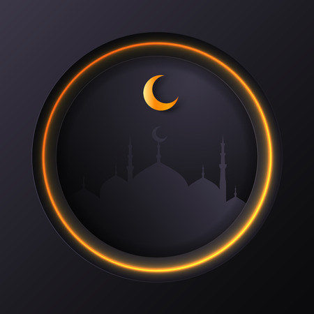 Islamic circle for ramadan kareem vector greeting banner background with art paper cut style, shiny moon and mosque scenery. Creative design card, poster. Traditional Islamic holidayのイラスト素材