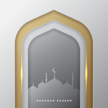 Islamic mosque door for ramadan kareem vector greeting banner background with art paper cut style, golden silver and mosque scenery. Creative design card, poster. Traditional Islamic holiday