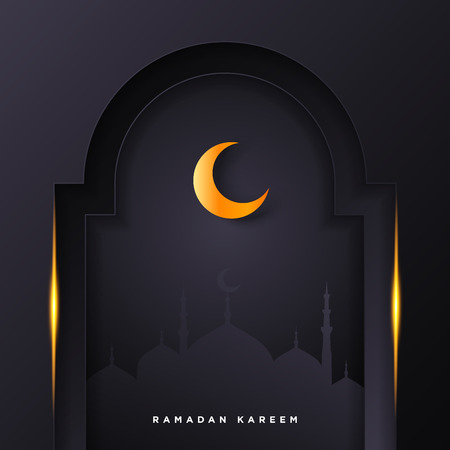 Islamic mosque door for ramadan kareem vector greeting banner background with art paper cut style, shiny moon and mosque scenery. Creative design card, poster. Traditional Islamic holidayのイラスト素材