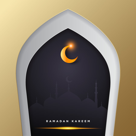 Islamic mosque door for ramadan kareem vector greeting banner background with art paper cut style, shiny moon and mosque scenery. Creative design card, poster. Traditional Islamic holidayのイラスト素材