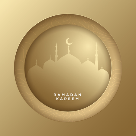 Islamic circle for ramadan kareem vector greeting banner background with art paper cut style, shiny moon and mosque scenery. Creative design card, poster. Traditional Islamic holidayのイラスト素材