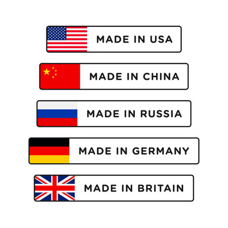 Made in USA, China, Britain, Germany and Russia badge with flag. Made in banner isolated on white backgroundのイラスト素材