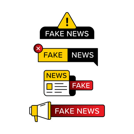Set of fake news warning sign in various shape and style. Designed with exclamation mark newspaper and hand speaker icon. Premium vectorのイラスト素材