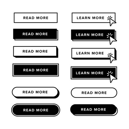 Set of learn more buttons with different shapes and icons with black outline frames. Pointer clicking icon. Premium vectorのイラスト素材
