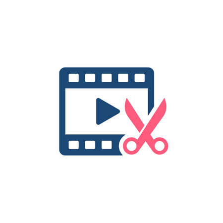 Video Editing glyph style icon. Film roll with scissors cut on it. Premium vector iconのイラスト素材