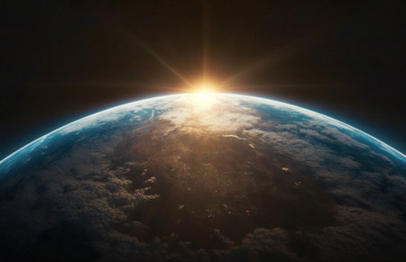 Nightly Earth planet in outer space with sun flareの写真素材