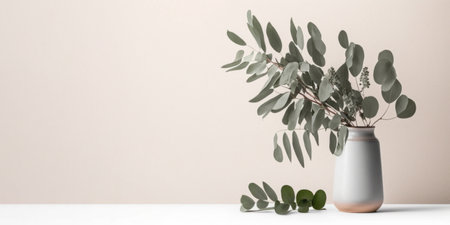 Beautiful eucalyptus flower in ceramic vase on table with white background. Copy space.の写真素材