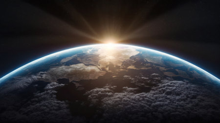 Nightly Earth planet in outer space with sun flareの写真素材