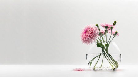 Pink blossom flower in glass vase on table with white background. Copy space.の写真素材
