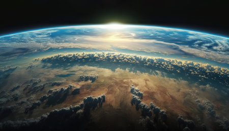 Nightly Earth planet in outer space with sun flareの写真素材