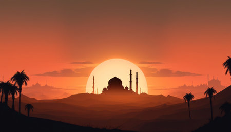 Sunset scene of mosque silhouette on desert. Ramadan kareem concept bannerの写真素材