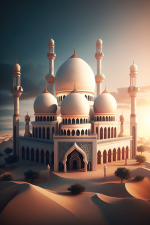Modern Architecture of Islamic Mosque. Ramadan, Eid Mubarak concept. Generative AI.の素材