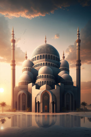 Modern Architecture of Islamic Mosque. Ramadan, Eid Mubarak concept. Generative AI.の素材