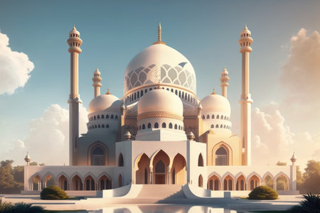 Modern Architecture of Islamic Mosque. Ramadan, Eid Mubarak concept. Generative AI.の素材