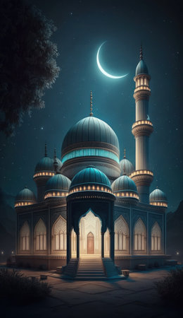 Modern Architecture of Islamic Mosque at night. Ramadan, Eid Mubarak concept. Generative AI.の素材