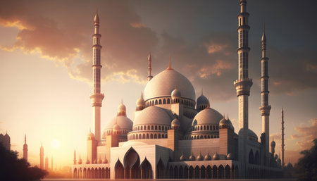 Modern Architecture of Islamic Mosque. Ramadan, Eid Mubarak concept. Generative AI.の素材