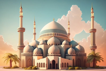Modern Architecture of Islamic Mosque. Ramadan, Eid Mubarak concept. Generative AI.の素材