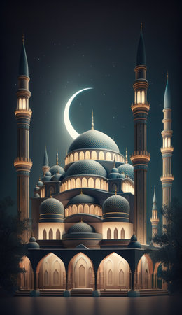 Modern Architecture of Islamic Mosque at night. Ramadan, Eid Mubarak concept. Generative AI.の素材