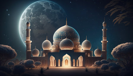 Modern Architecture of Islamic Mosque at night. Ramadan, Eid Mubarak concept. Generative AI.の素材