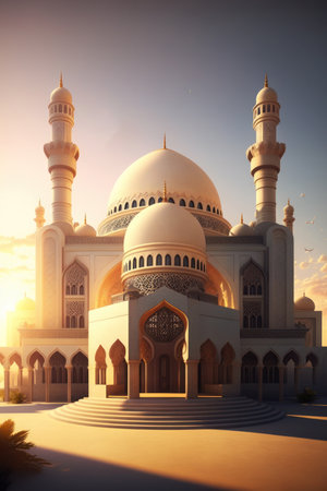 Modern Architecture of Islamic Mosque. Ramadan, Eid Mubarak concept. Generative AI.の素材