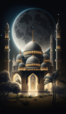 Modern Architecture of Islamic Mosque at night. Ramadan, Eid Mubarak concept. Generative AI.の素材