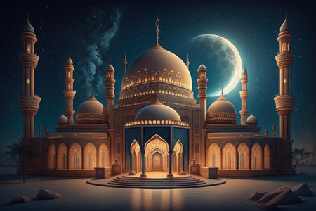 Modern Architecture of Islamic Mosque at night. Ramadan, Eid Mubarak concept. Generative AI.の素材
